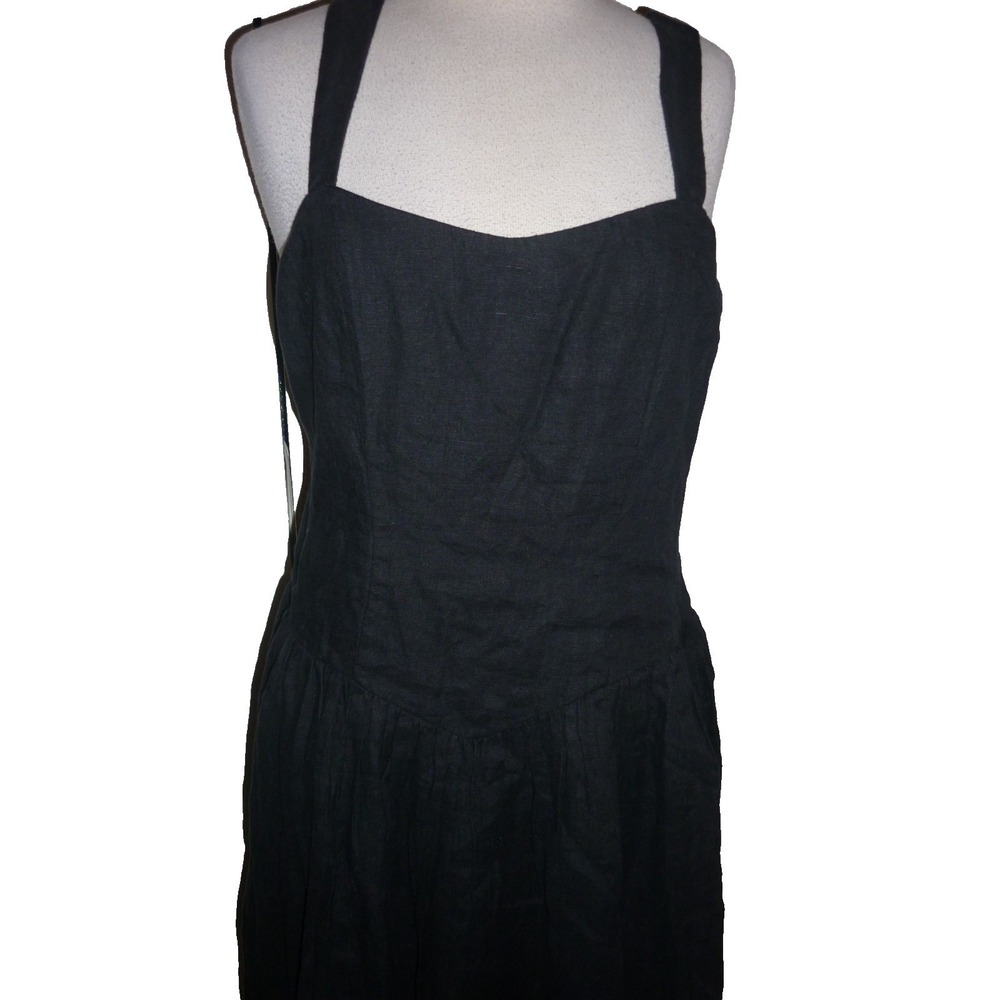 The Drop Black Linen Blend Smocked Back Midi Dress Sleeveless Square Neck Large - Picture 3 of 7